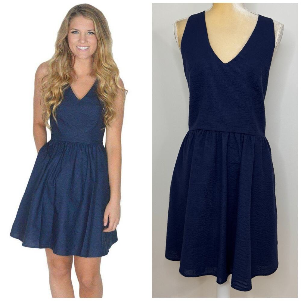 NWT Lauren James Augusta Solid Fit & Flare Dress Size L Navy Lined Pockets